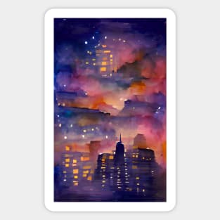 Moonlit Night in the City Watercolor Dream Art Sticker